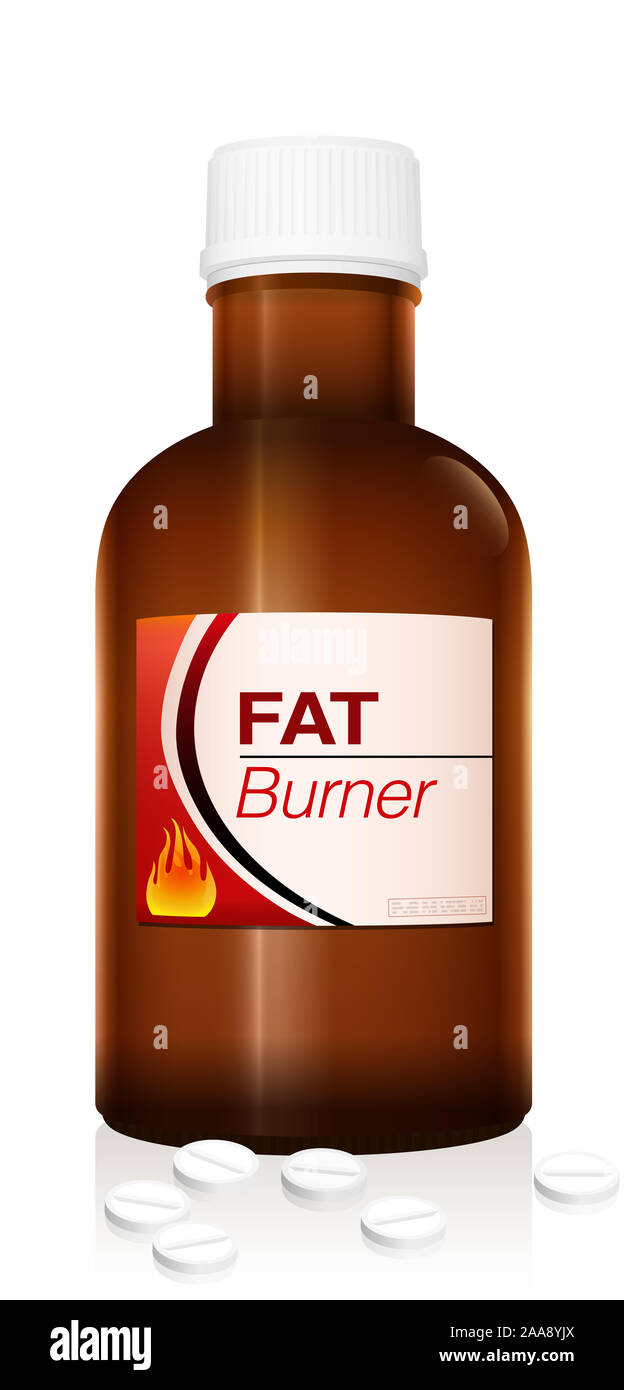 Fat burner Pillen in Medizin Flasche. Pharmazeutische Behandlung, Gewicht zu verlieren, ein medizinisches Produkt-Abbildung auf weißen Hintergrund. Stockfoto