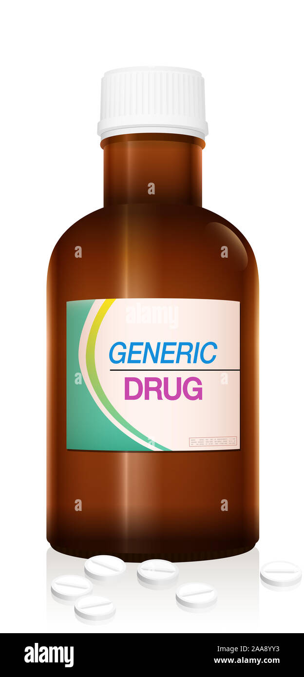 Medizin Flasche namens "Generic Drugs. Symbolisch für schädliche gefälschte Pillen, Risiko und die Gefahr von billig oder illegal hergestellten und verkauften Arzneimittel. Stockfoto