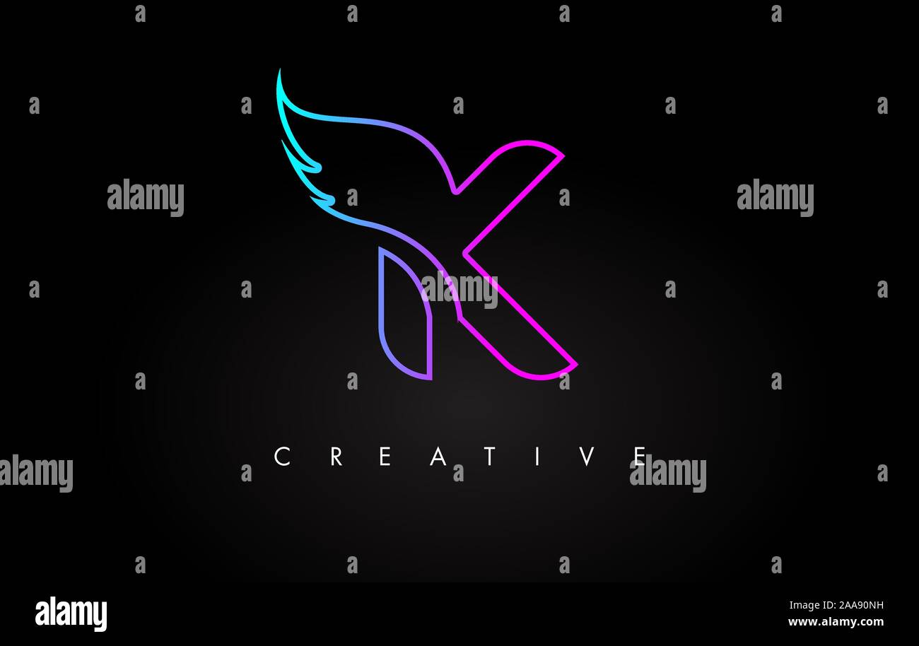 Neon K Schreiben Logo Icon Design mit Kreativen Flügel in Blau Lila Magenta Farben Vector Illustration. Stock Vektor