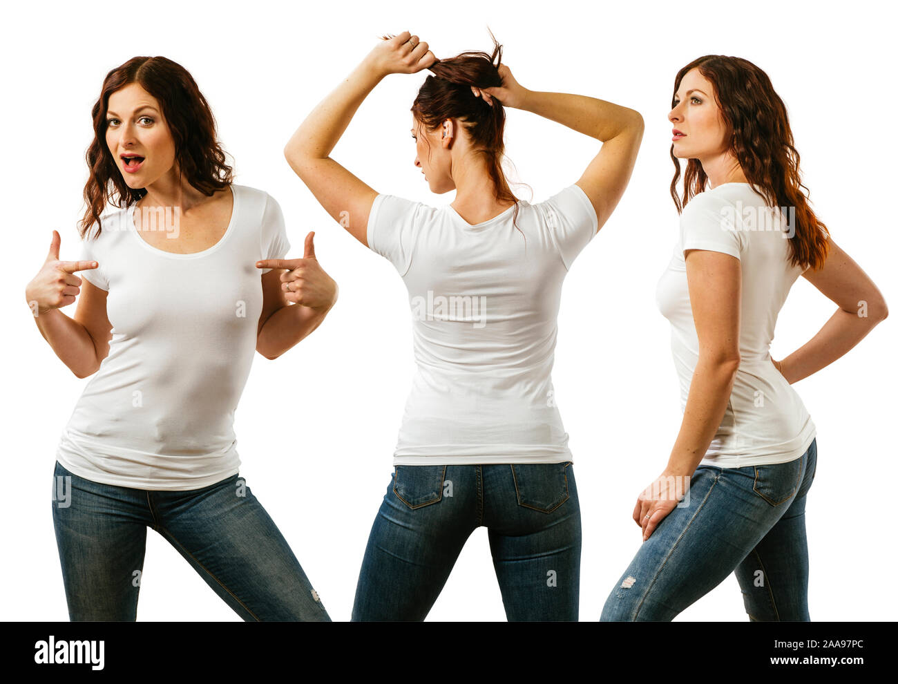 Foto, eine junge schöne rothaarige Frau mit leeren weißen Shirt, vorne, seitlich und hinten. Bereit für Ihr Design oder Ihre Kunstwerke. Stockfoto