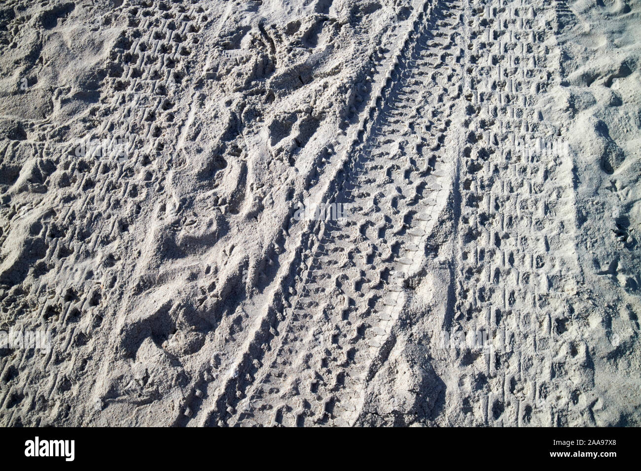 Auto- und ATV-Reifen Spuren in weißen nördlichen Florida Sand am Strand von florida usa Stockfoto