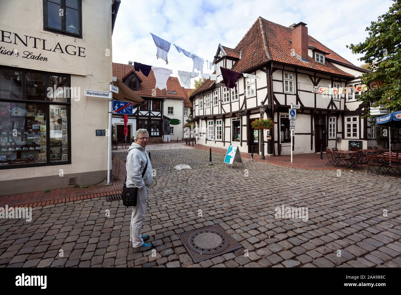 Mittelalterliche Stadtkern mit Fachwerkhäusern und engen Gassen in Minden Stockfoto