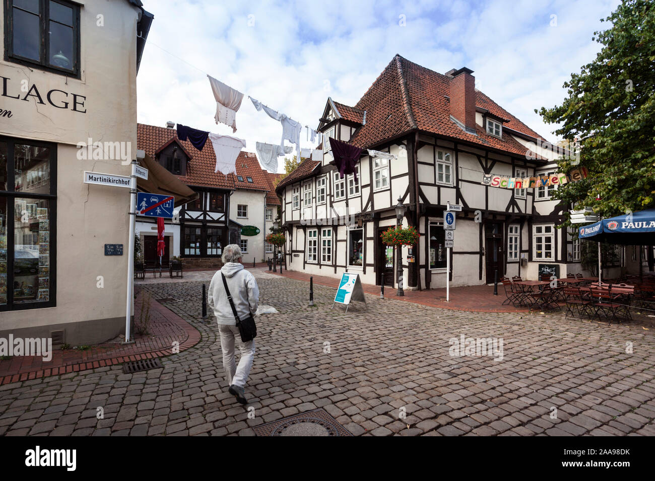 Mittelalterliche Stadtkern mit Fachwerkhäusern und engen Gassen in Minden Stockfoto