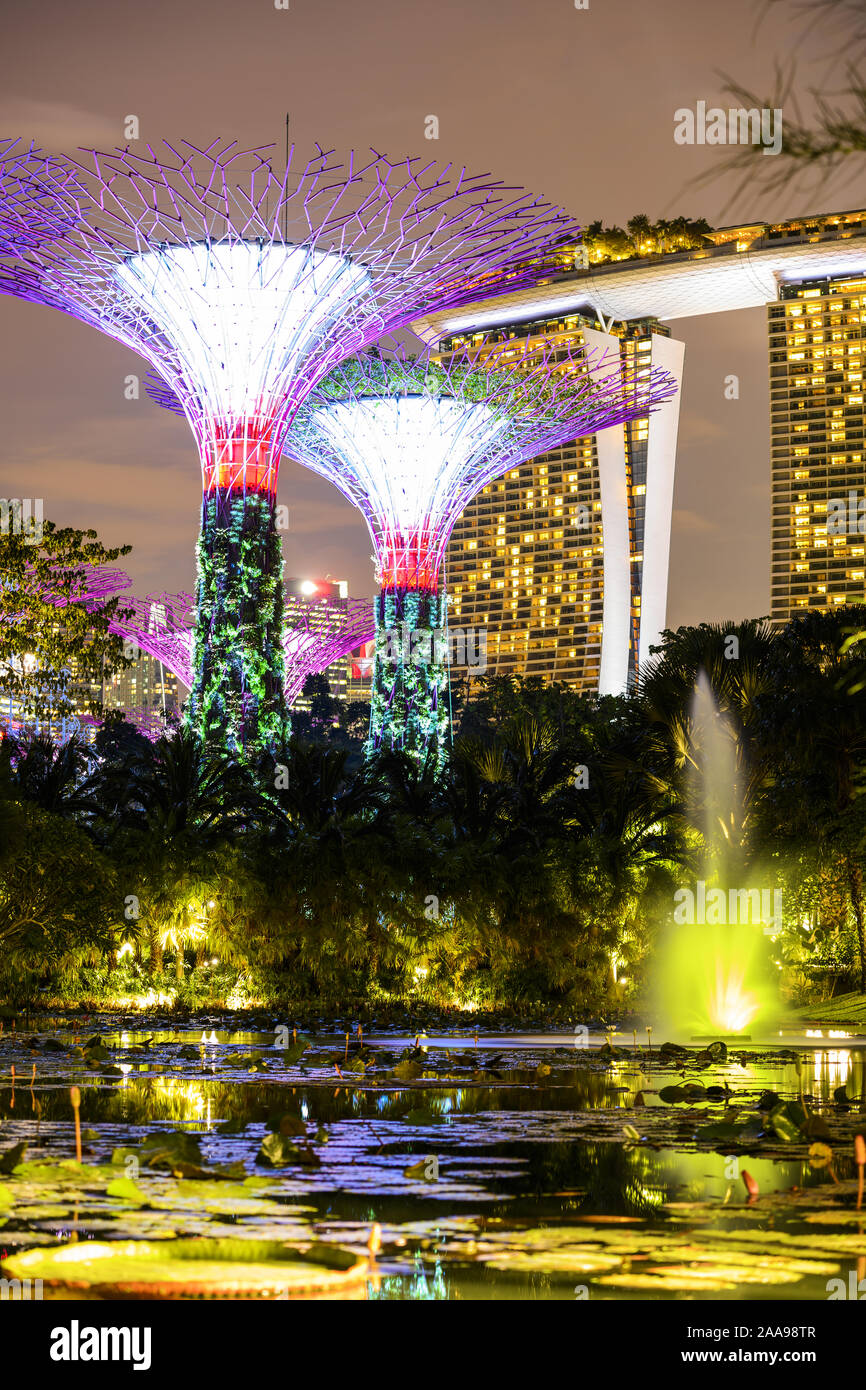 Nahaufnahme der beleuchteten Supertree Grove in Singapur. Stockfoto