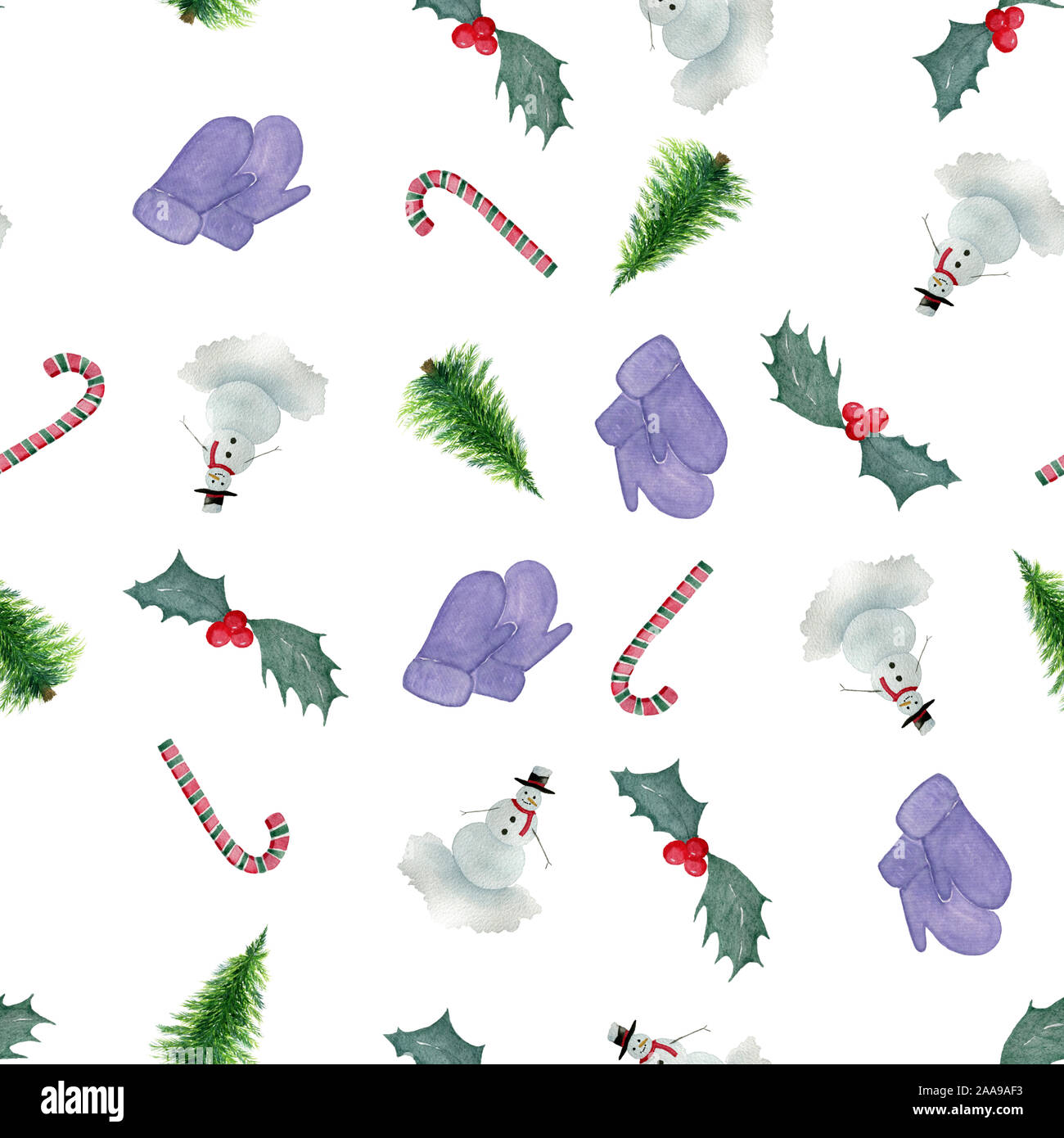 Satz von Weihnachten Symbole: Schneemann, Holly Berry, Weihnachtsbaum, Candy Cane und Holly Berry, nahtlose Muster wiederholen mit Weihnachten Aquarell des Stockfoto