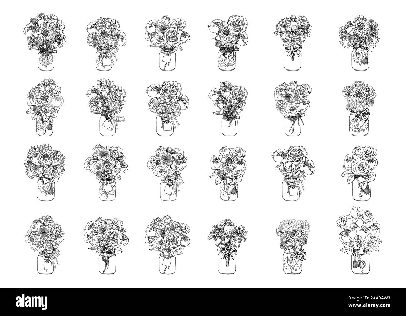 Hand schwarz und weiß Sammlung von Doodle style Blumensträuße gezeichnet. Monochrome Rosen, Pfingstrosen, saftig, Orchidee, Dahlie, florales Design clip art Stockfoto