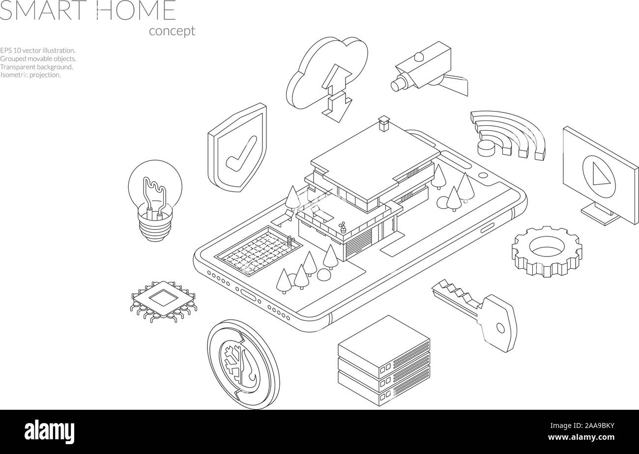 Smart Home Concept Line Art Vector Illustration mit upscale Haus auf dem Smartphone von Technologiekomponenten Symbolen umgeben. Stock Vektor