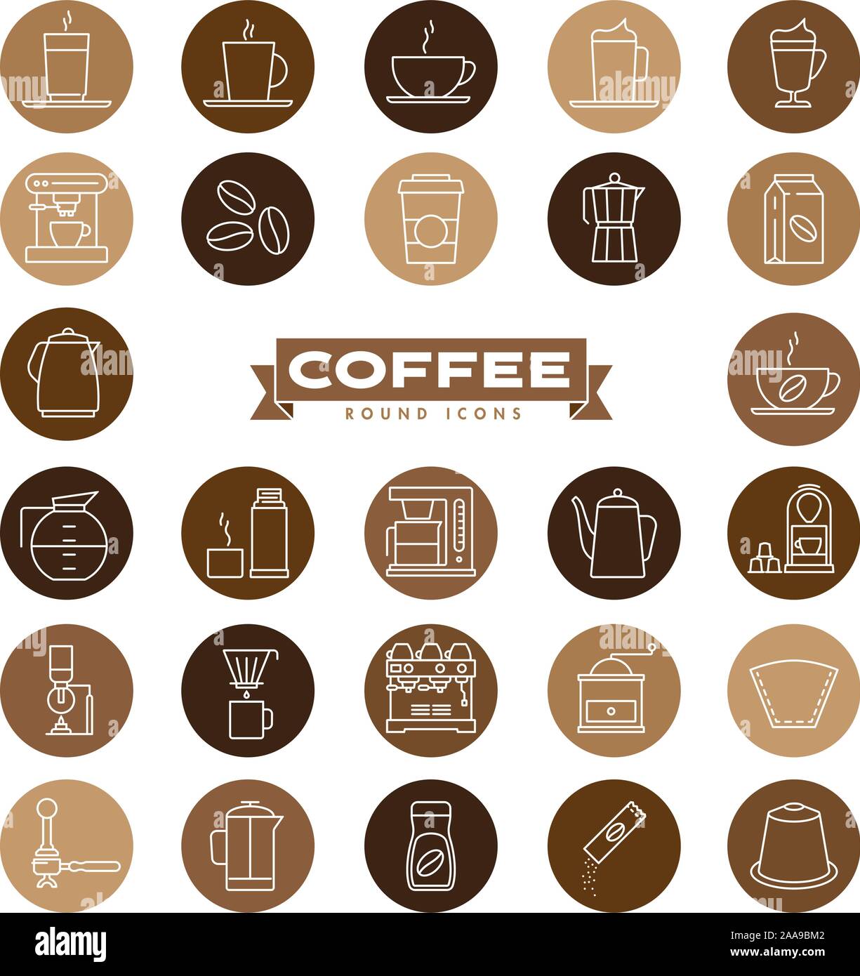 Kaffee Vektor runde Symbole in Brauntönen eingerichtet. Sammlung von Symbolen/Vorbereitung und trinken. Globale Farben. Stock Vektor
