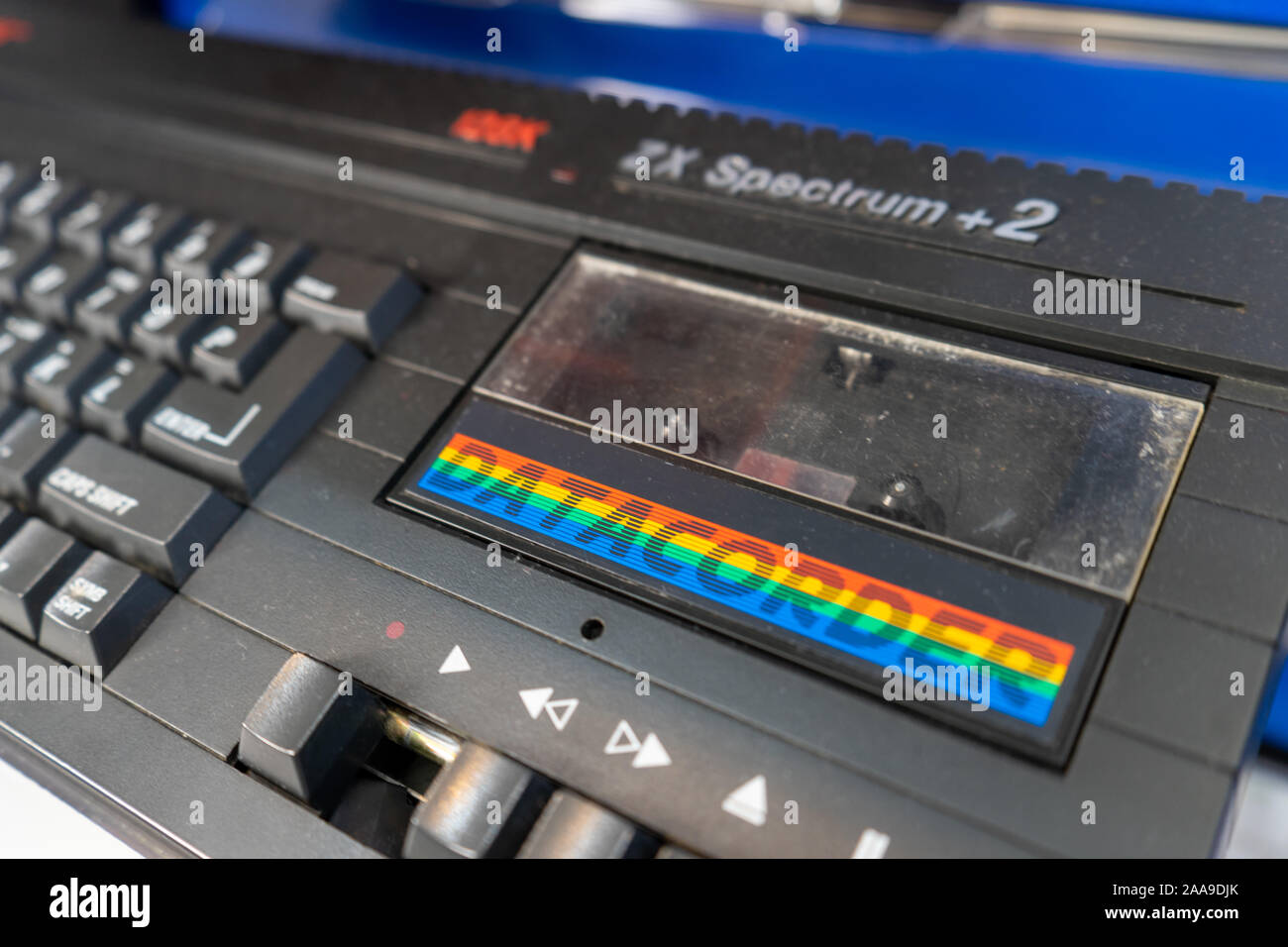 Nahaufnahme der Kassette datacorder eines Sinclair Spectrum ZX+2a 1980 Home Computer Stockfoto