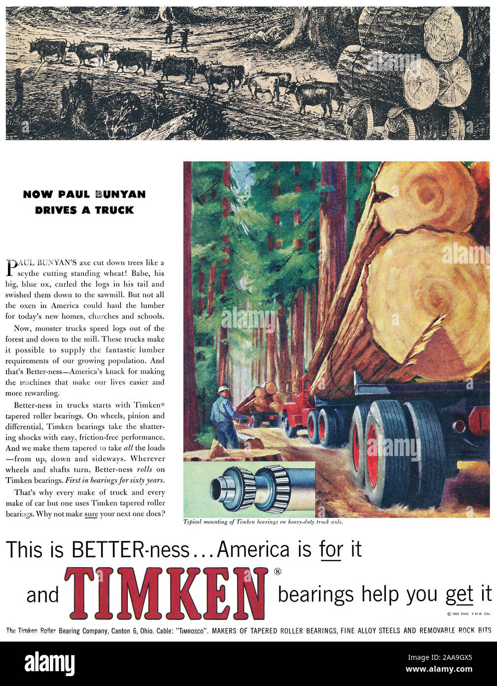 1959 US-Werbung für die Timken Rollenlager. Stockfoto