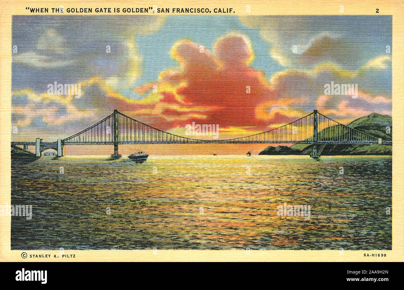 Vintage US-Postkarte von der Golden Gate Bridge in San Francisco, Kalifornien, USA Veröffentlicht von Stanley A. Piltz. Stockfoto
