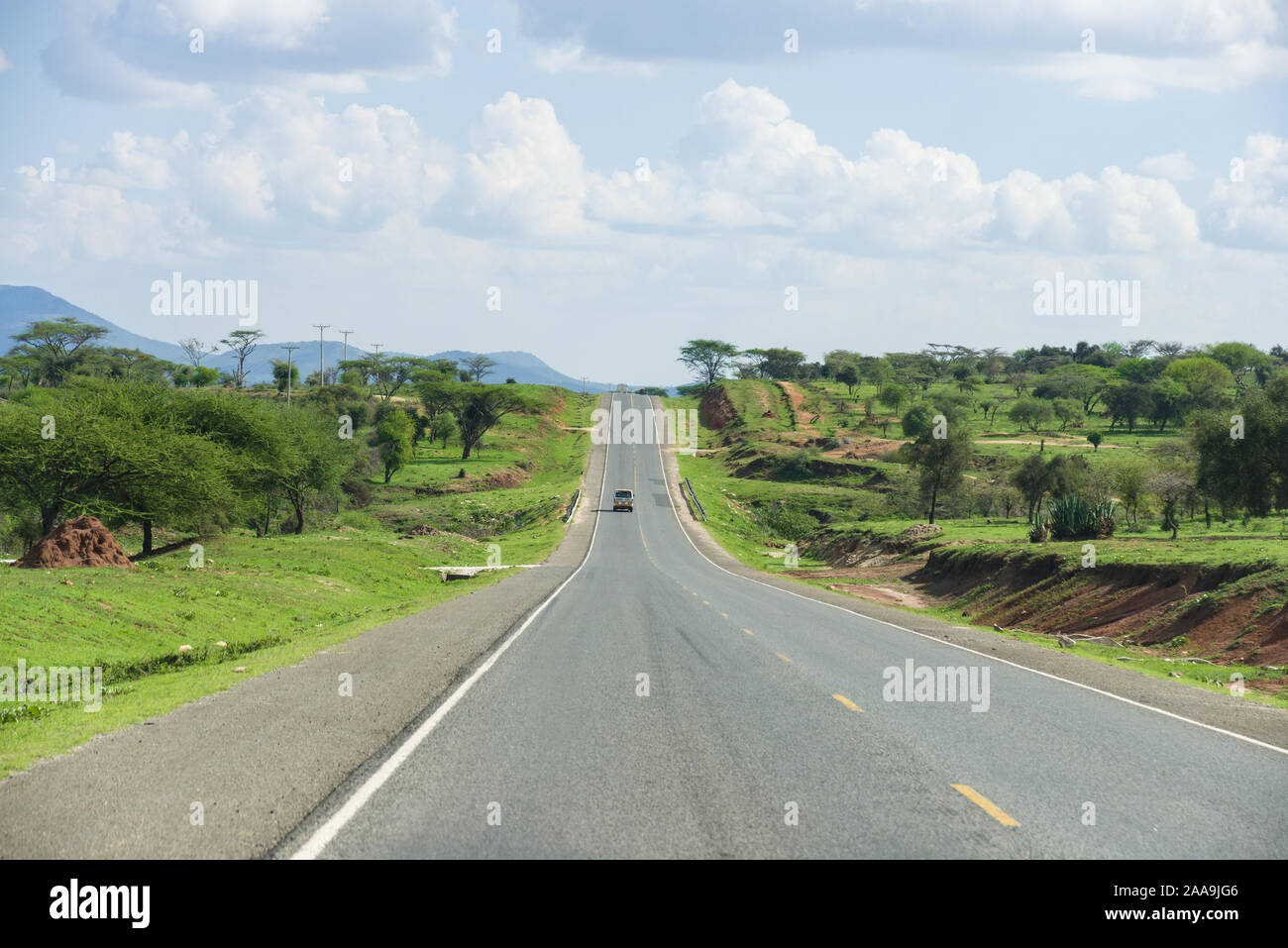 Ein Abschnitt des Namanga Road in Richtung Tansania, gesäumt von Bäumen, Kenia Stockfoto