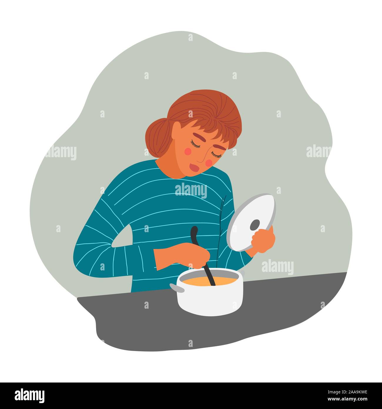 Das Mädchen ist Kochen Suppe. Junge Frau mit Topf und Pfanne. Vektor flachbild Abbildung Stock Vektor Das Mädchen ist Kochen Suppe. Junge Frau mit Topf und Pfanne. Vektor flachbild Abbildung Stock Vektor