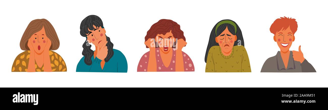 Emotionale Frauen Porträts, flachen Design Konzept Abbildung: Mädchen, weibliche Gesichter und Schultern Avatare. Vector Icons Hand zeichnen Sammlung Stock Vektor Emotionale Frauen Porträts, flachen Design Konzept Abbildung: Mädchen, weibliche Gesichter und Schultern Avatare. Vector Icons Hand zeichnen Sammlung Stock Vektor