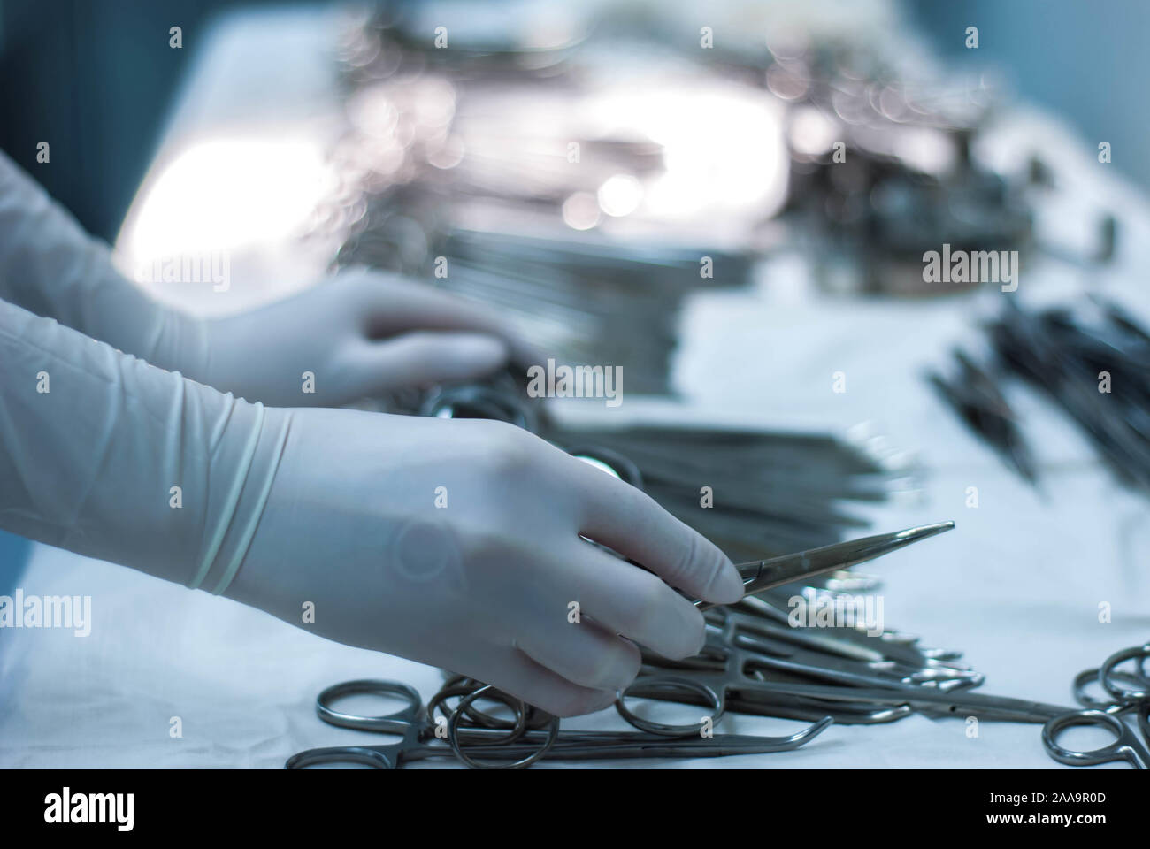 Tierärzte werden mit Messer und Scheren Wunde eines Hundes zu schneiden. Chirurg im Operationssaal. Hand des Tierarztes Chirurgie in Betrieb. W Stockfoto