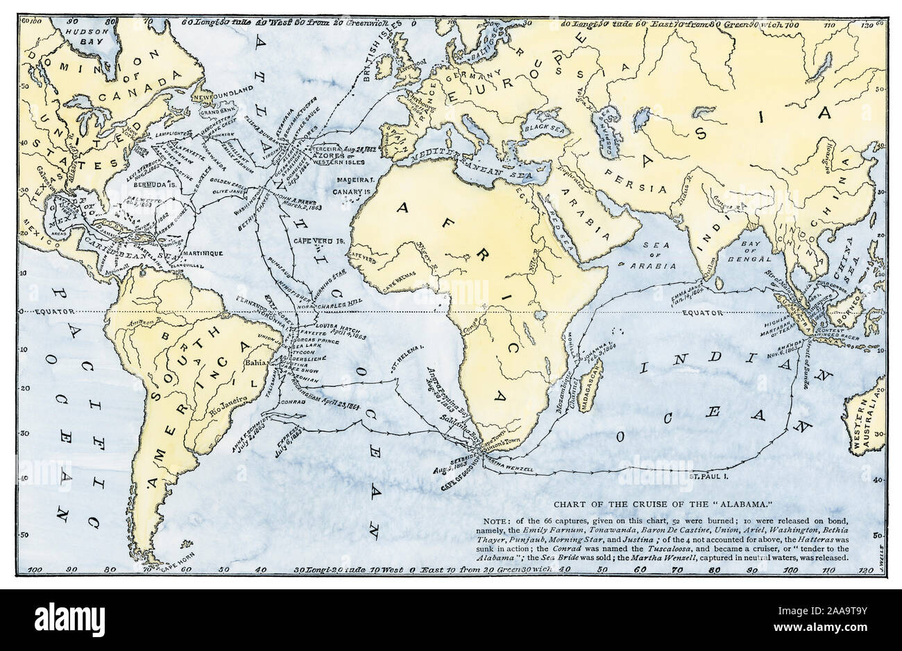 Diagramm der Kreuzfahrt der Konföderierten Kriegsschiff "Alabama", US-Bürgerkrieg. Hand - farbige Holzschnitt Stockfoto