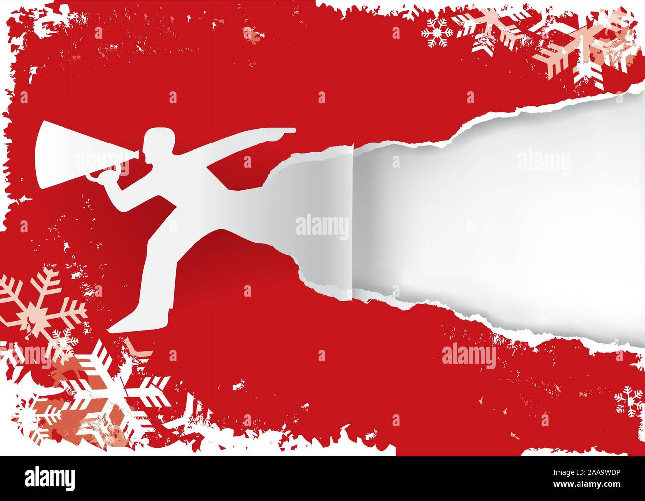 Mann mit Megaphon auf grunge Style rot Papier Hintergrund mit Schneeflocken. Abbildung: geeignet für Original winter Flyer oder Banner. Vektor zur Verfügung. Stock Vektor