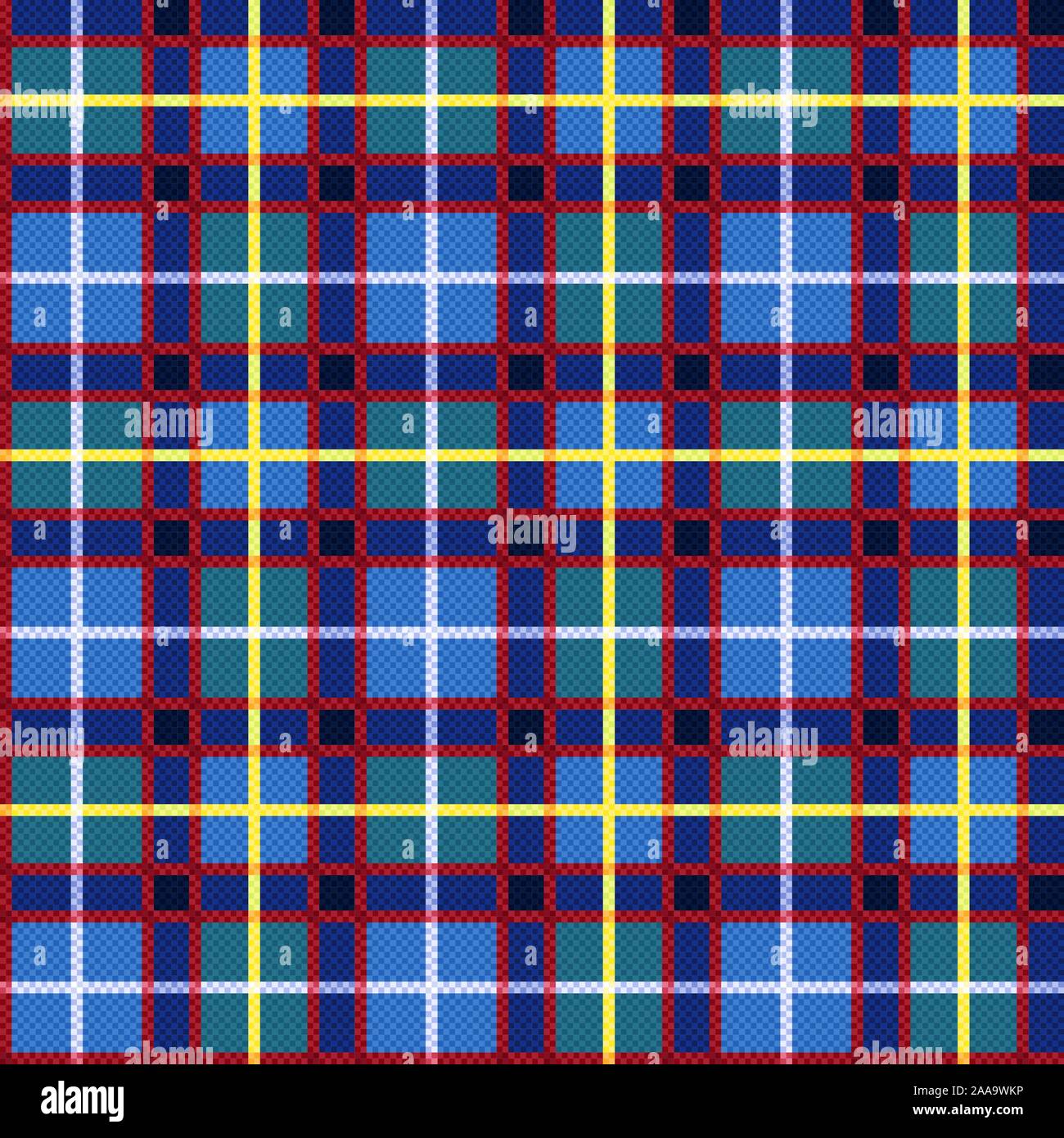 Rechteckige nahtlose Vektor kontrast Muster als tartan plaid hauptsächlich in Blau und Türkis, Rot, Gelb Stock Vektor