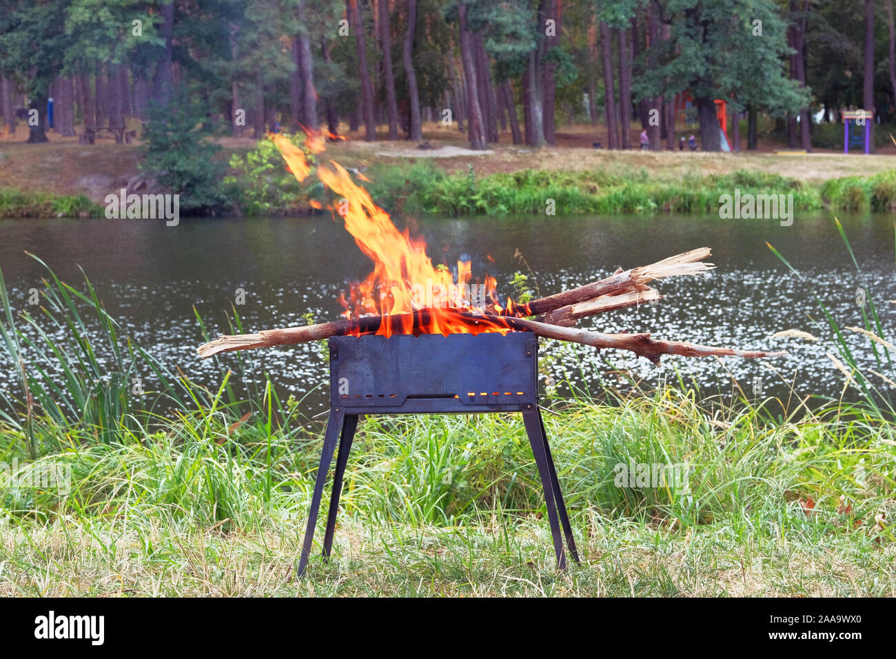 Grill. Barbecue auf der Natur. Holzofen zubereitet für Grill. Das Grillen der Saison in der Nähe von See oder Fluss. Picknick. Stockfoto