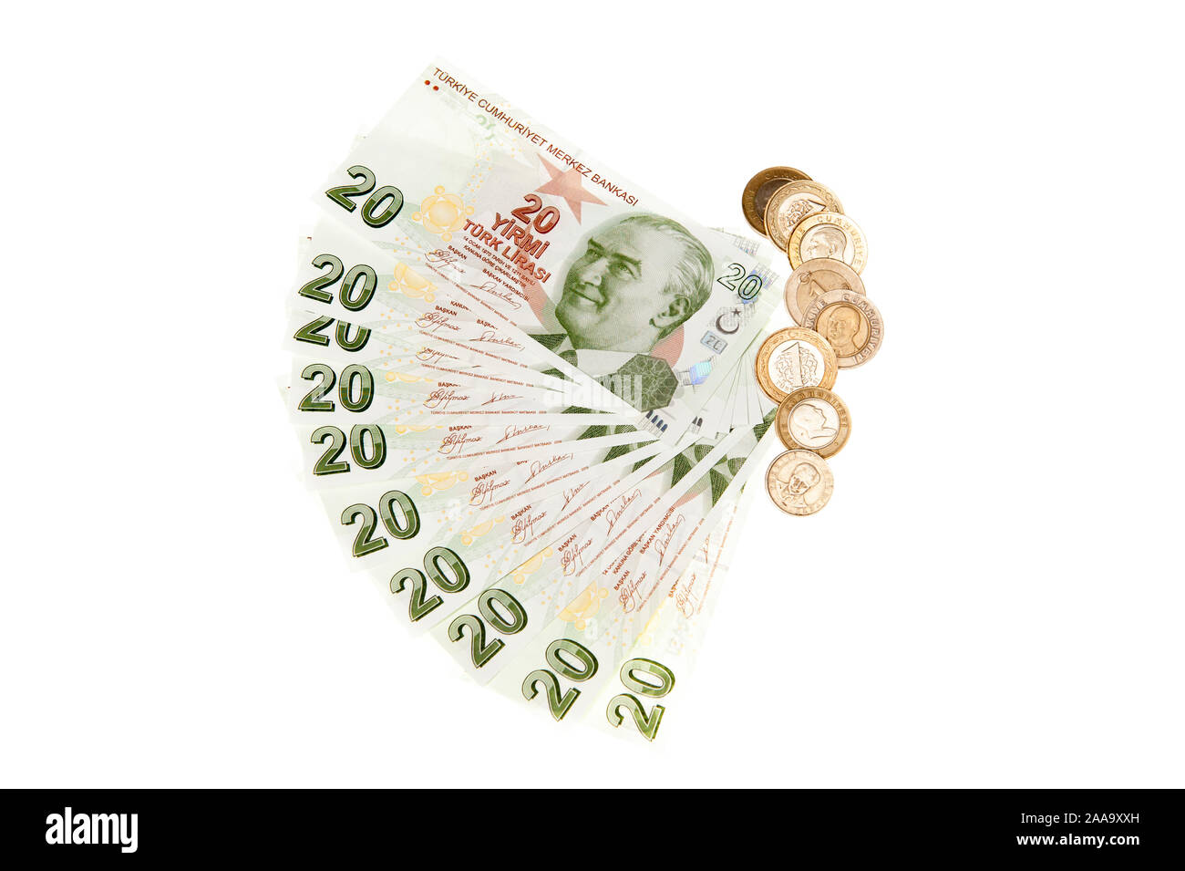 Türkei Währung Türkische Lira Banknoten und Münzen auf weißem ...