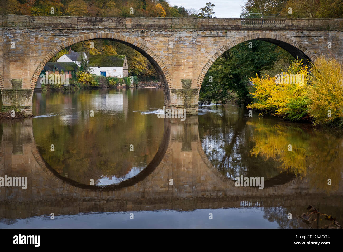 Herbst Blick auf vorbiegungen Brücke über den Fluss in Durham England Verschleiß Stockfoto