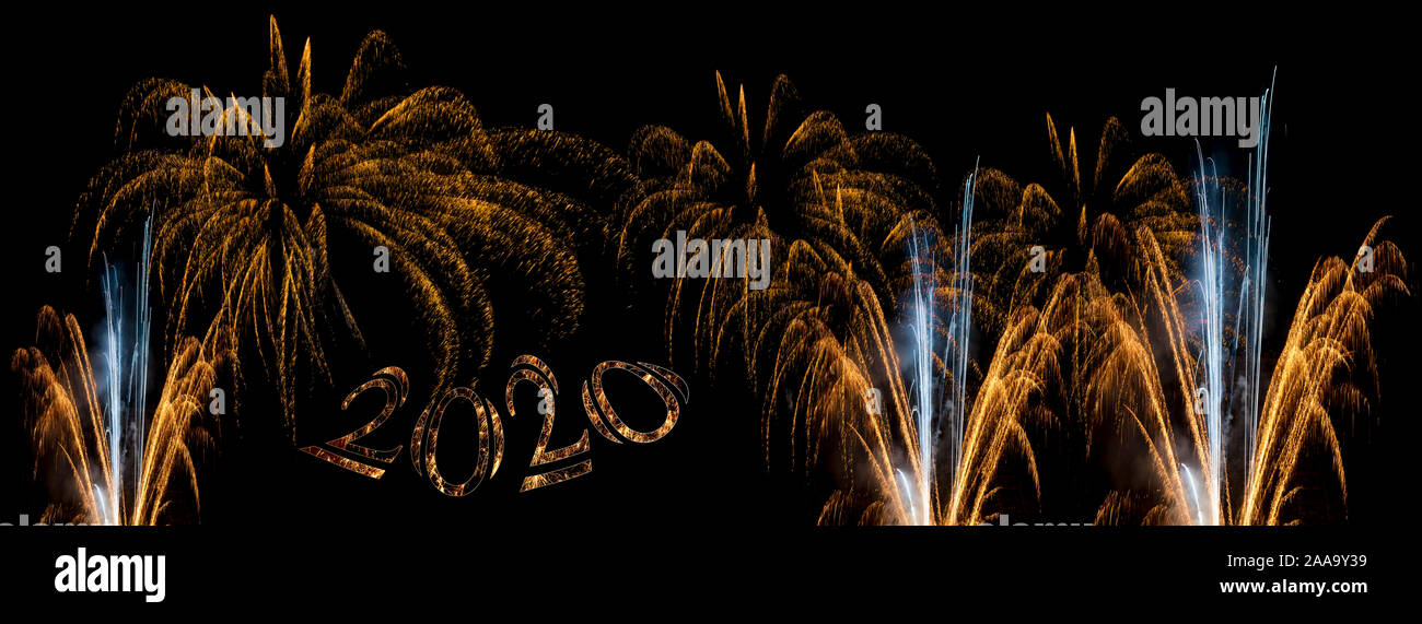 2020 Frohes neues Jahr rot und gold Feuerwerk Hintergrund banner Abdeckung für Silvester Stockfoto