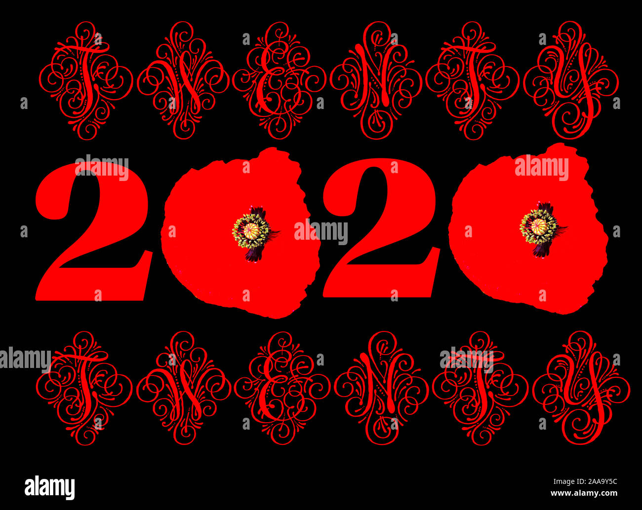 20 20 2020 Neue Jahre Banner mit roter Mohn Blumen dominierende Farbe Rot einzigartige Ungewöhnliche schrulligen Silvester Feier Karte Hintergrund laden Stockfoto
