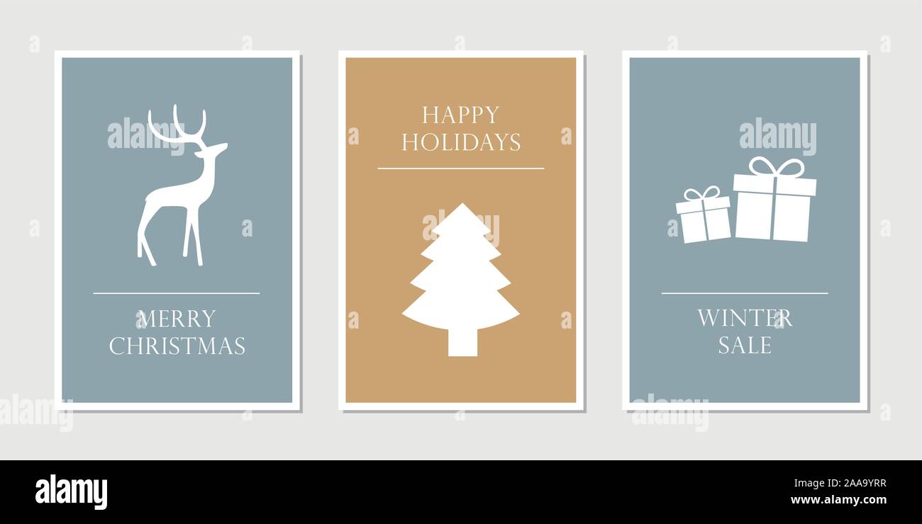 Satz von Weihnachten Grußkarten mit Reh Baum und Geschenk Vektor-illustration EPS 10. Stock Vektor