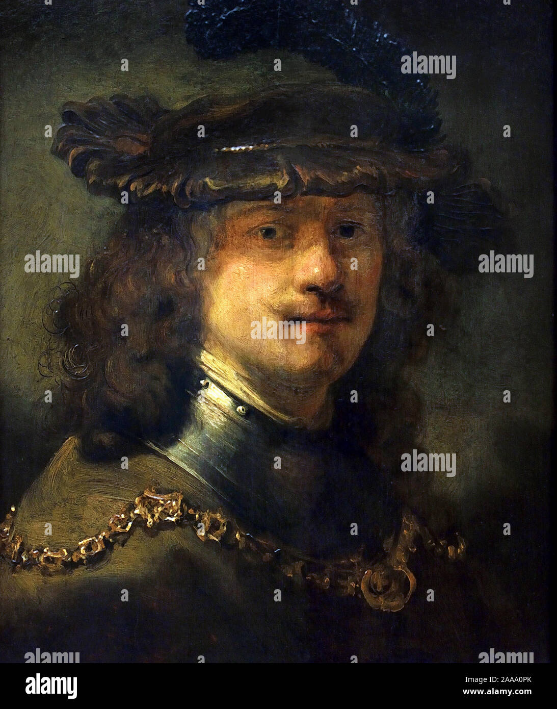 Rembrandt mit samt Baskenmütze und eisernen Hals Kette 1633-1634 Rembrandt Harmenszoon van Rijn von Thomas Niemann Flinck 1615-1660. Niederländisch, die Niederlande, Holland. Stockfoto