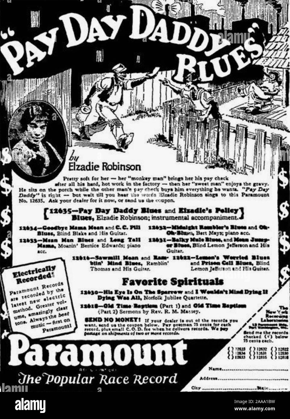 ELAZADIE ROBINSON (1897-1975), US-amerikanische Blues singer/songwriter in einem 1928 Paramount Race Records Anzeige Stockfoto