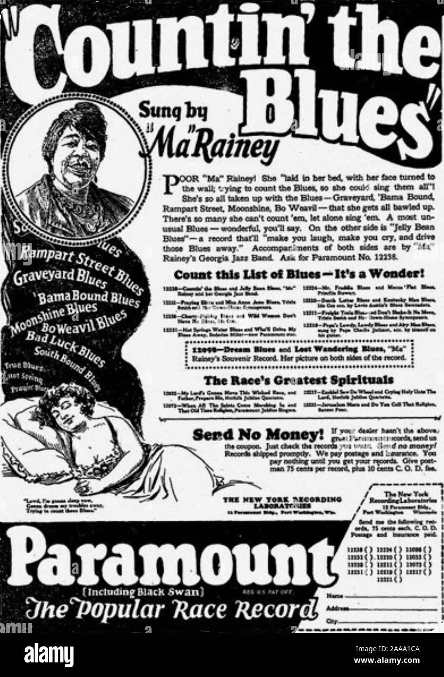 GERTRUDE 'MA' RAINEY (1886-1939) amerikanische Bluessängerin in A Paramount Werbung für Race Records im Jahr 1927 Stockfoto