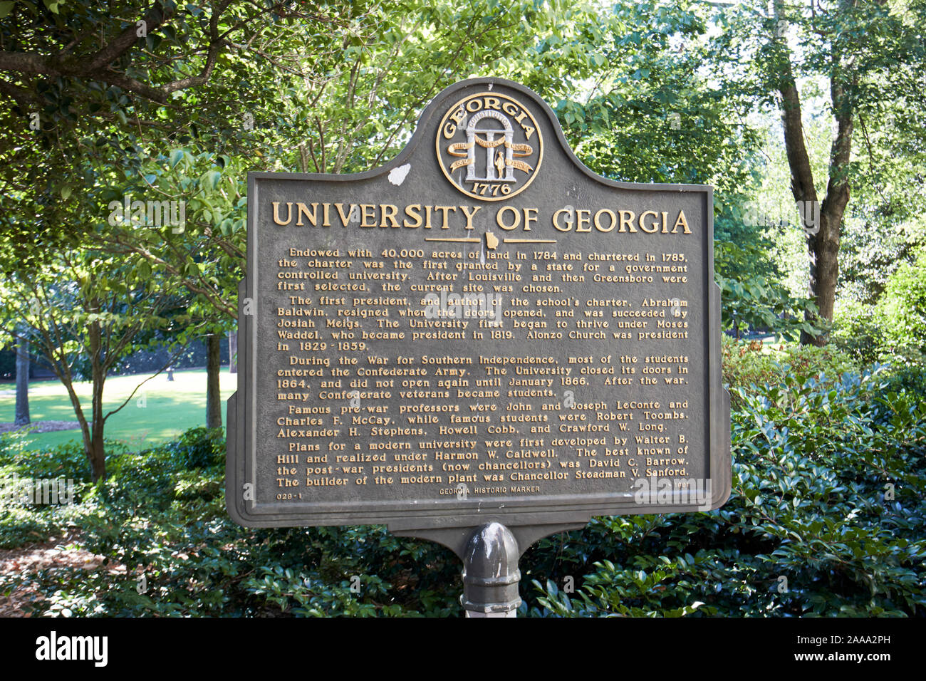 Historische Marker für die Universität von Georgia in Athens Georgia USA Stockfoto