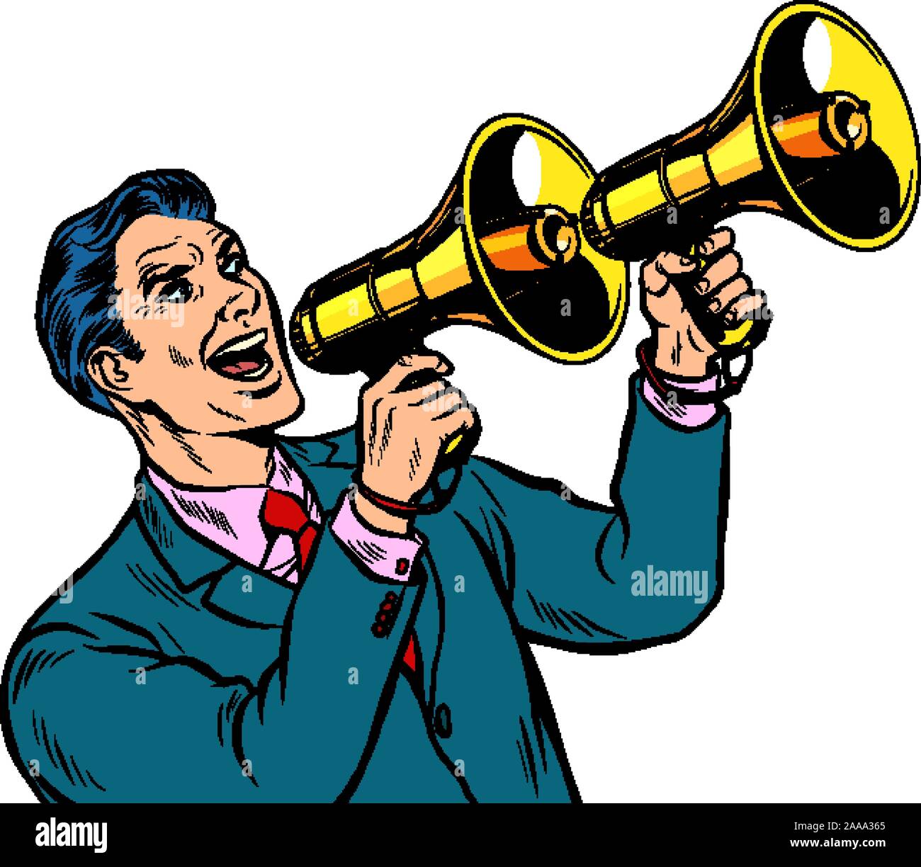 Geschäftsmann mit einem Megaphon. Ankündigung Werbung Stock Vektor