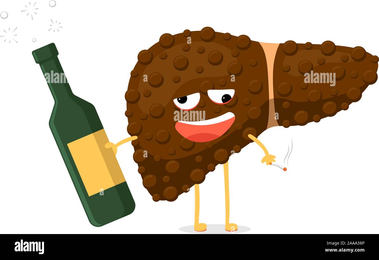 Krank ungesund krank betrunken Leber Charakter halten in der Hand Alkoholflasche und Zigarette. Konzept zur Zerstörung von Organen der menschlichen exokrinen Drüse. Vektor Zerstörung sucht Verletzung hepatische Illustration Stock Vektor