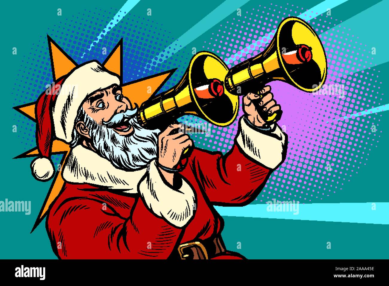 Weihnachtsmann mit einem Megafon. Weihnachtsverkauf Stock Vektor
