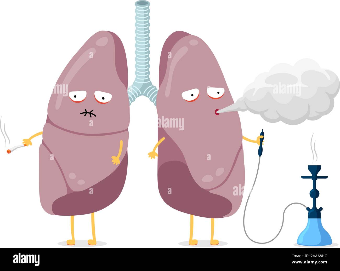 Ungesunde kranke Lungen Cartoon-Figur Rauchen Zigarette und Shisha. Das innere Organ des menschlichen Atmungssystems bläst Rauch und hat eine schlechte Gesundheit. Schlechte gefährliche Gewohnheit sucht Vektor-Illustration Stock Vektor