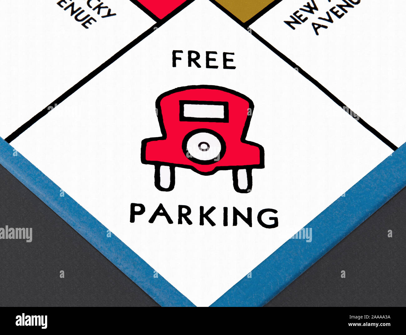 Kostenloser Parkplatz auf einem Monopol-Spielbrett. Stockfoto