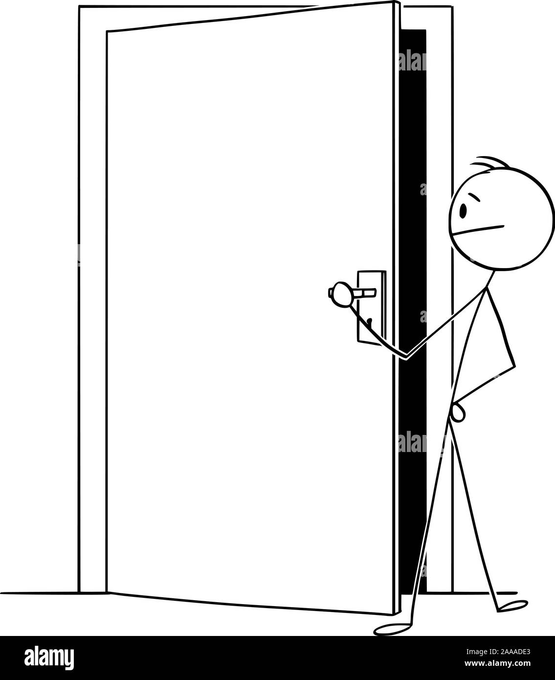Vektor cartoon Strichmännchen Zeichnen konzeptionelle Darstellung der Mann oder Geschäftsmann auf der Suche durch die leicht geöffnete Tür, um zu sehen, was dahinter ist. Stock Vektor