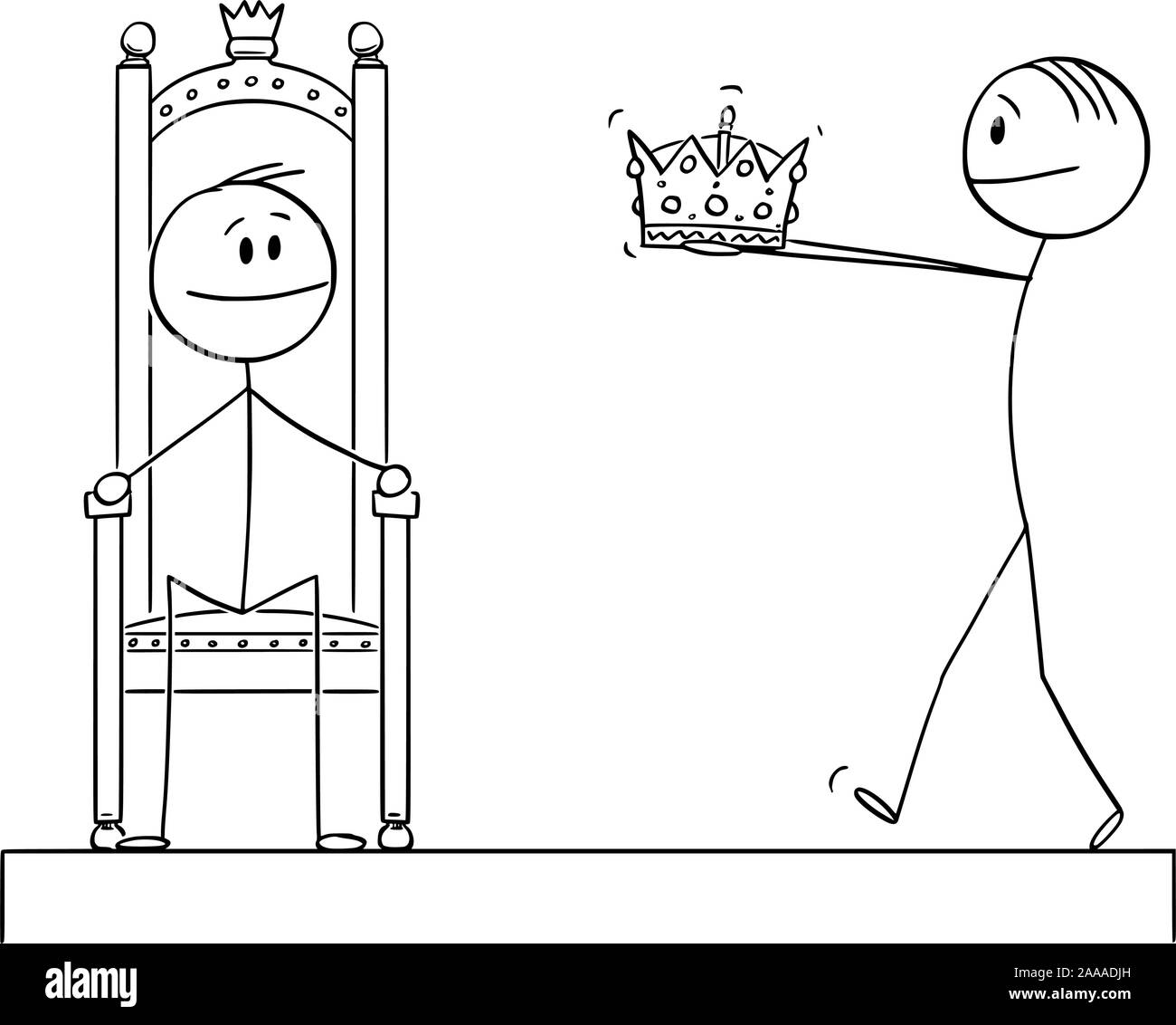 Vektor cartoon Strichmännchen Zeichnen konzeptionelle Darstellung der Mann, der die Krone des Königs oder Königreich während der Krönung oder Krönung Zeremonie zu Mann sitzt auf Thron. Stock Vektor