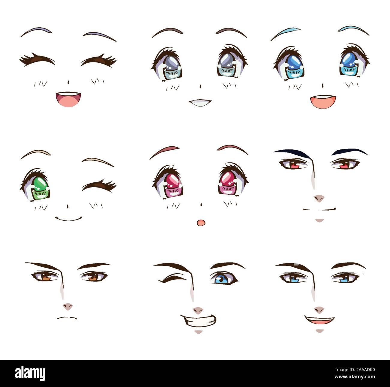 Gruppe von Jugendlichen Gesichtern anime Stil Zeichen Stock Vektor