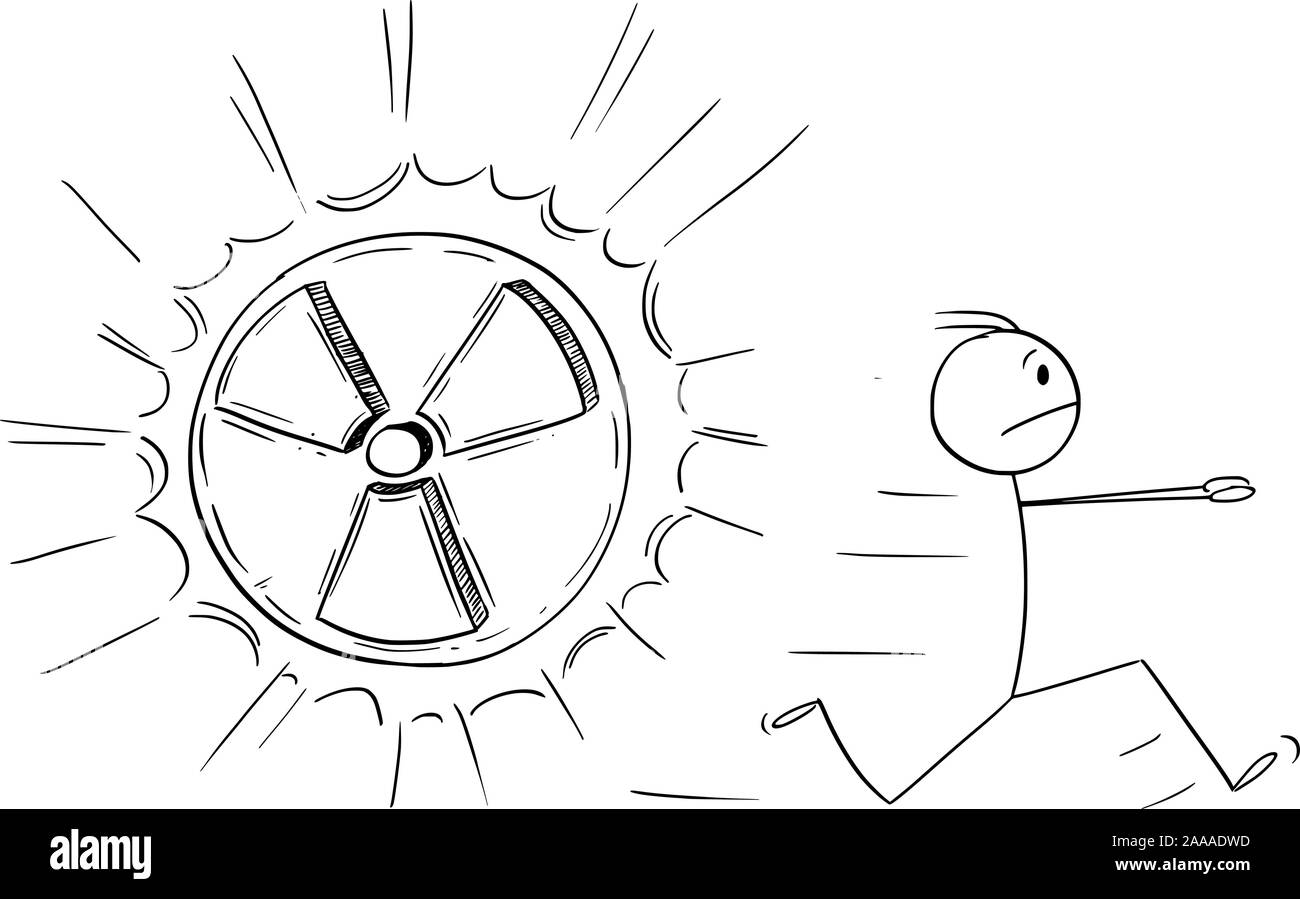 Vektor cartoon Strichmännchen Zeichnen konzeptionelle Darstellung der Mann weg laufen in Panik aus der Kernenergie oder Strahlung Symbol. Stock Vektor