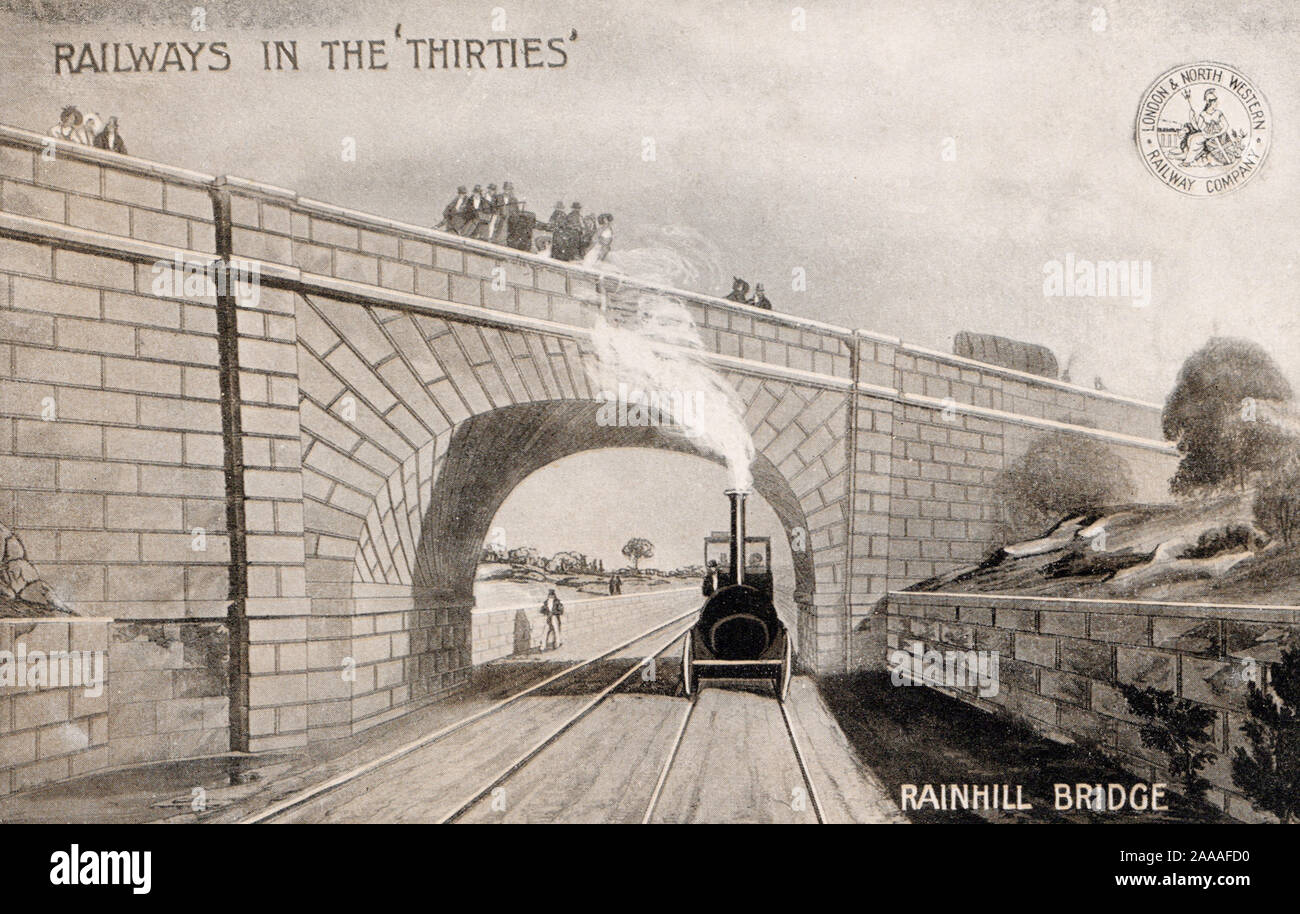 Rainhill Bridge, Eisenbahnstrecke in den dreißiger Jahren, UK, alte Postkarte Stockfoto