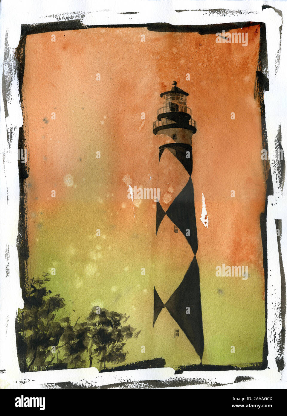 Cape Lookout Leuchtturm auf die Outer Banks, North Carolina. Aquarell von Cape Lookout Lighthouse Beach artwork Home Dekor Leuchtturm NC-lig Stockfoto