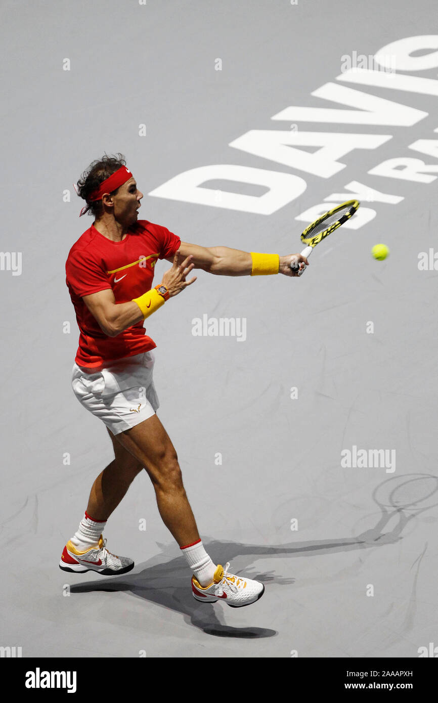 Madrid Spanien; 20/11/2019. - Rafa Nadal Ivan Dodig und Mate Pavic der kroatischen Nationalmannschaft vs Rafael Nadal und Marcel Granollers der spanischen Nationalmannschaft, verdoppelt in der Davis Cup Tennis auf dem Magic Box in Madrid statt. Nadal und Gralloners gewinnt. Foto: Juan Carlos Rojas/Picture Alliance | Verwendung weltweit Stockfoto