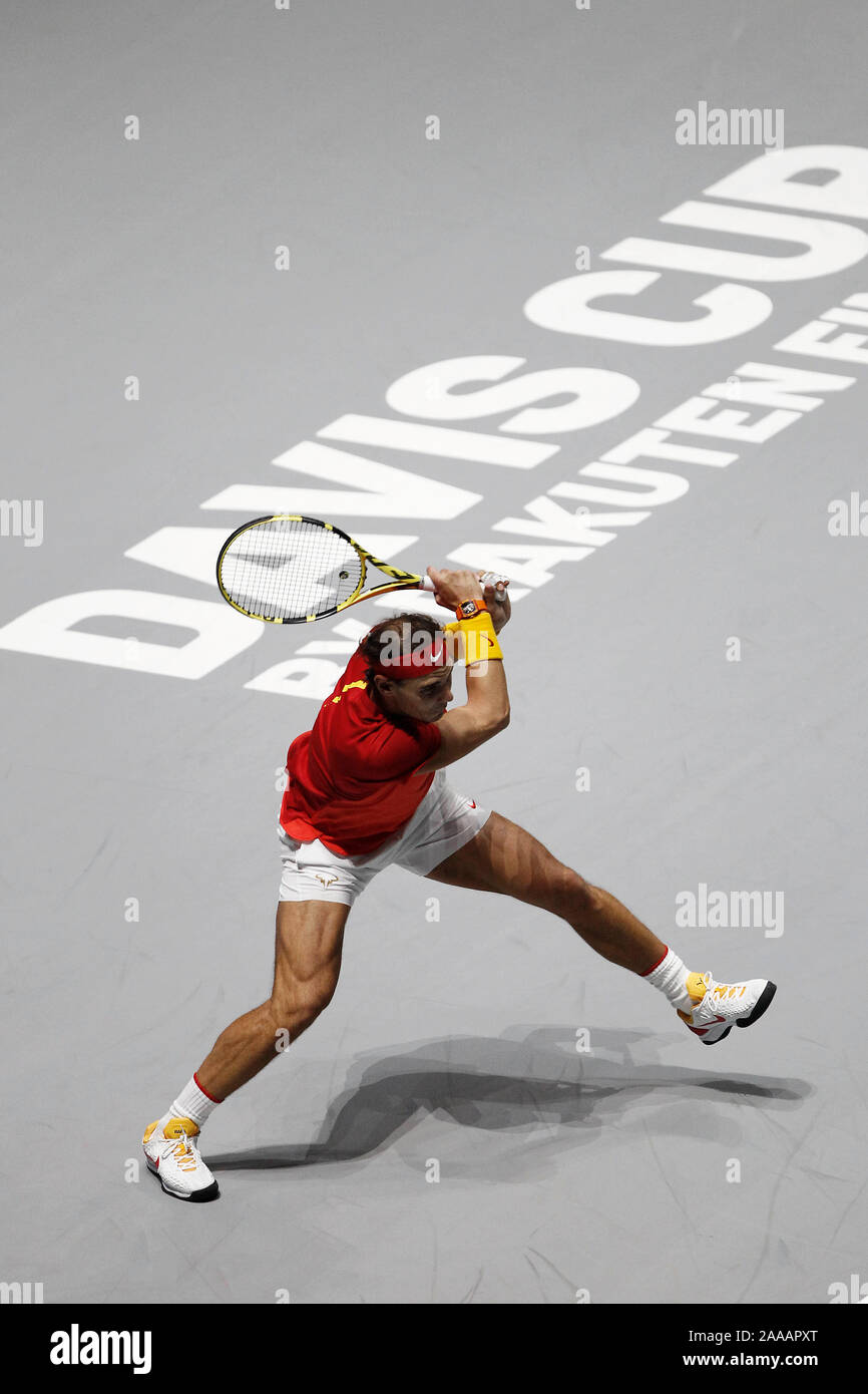 Madrid Spanien; 20/11/2019. - Rafa Nadal Ivan Dodig und Mate Pavic der kroatischen Nationalmannschaft vs Rafael Nadal und Marcel Granollers der spanischen Nationalmannschaft, verdoppelt in der Davis Cup Tennis auf dem Magic Box in Madrid statt. Nadal und Gralloners gewinnt. Foto: Juan Carlos Rojas/Picture Alliance | Verwendung weltweit Stockfoto