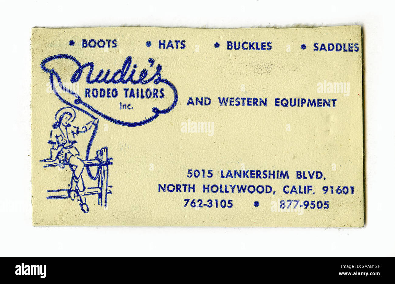 Vintage Leder Business Card für die Nudie Rodeo Schneider vergangener Classic shop in North Hollywood, spezialisiert auf westliche Kleidung und Ausrüstung für Hollywood Filme und prominenten Kunden wie Elvis Presley. Stockfoto