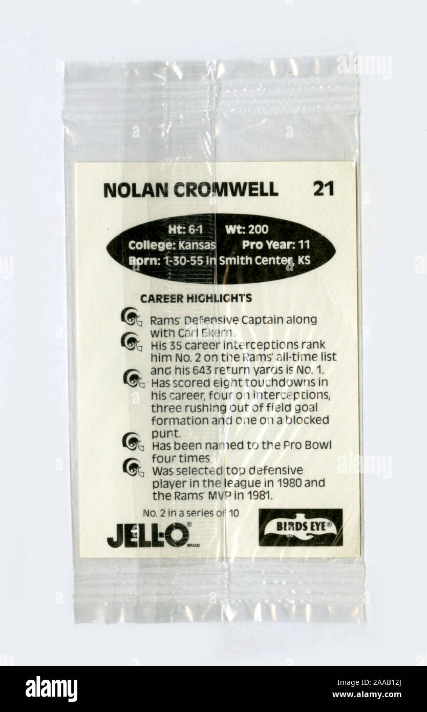 Collectible Football Card der NFL Spieler Nolan Cromwell mit den Los Angeles Rams ca. 1980 s Als Premium mit Paketen von Jello und Birds Eye Marke Lebensmittel eingefügt wurde. Stockfoto