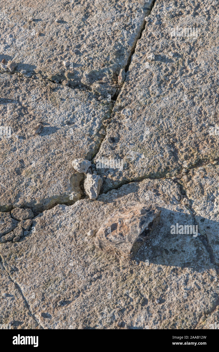 Risse im rauhen Cement Oberfläche mit Winter Sonne Schatten auf Spalten. Metapher Risse erscheinen, gebrochen, Infrastruktur, holperig. B&W Version 2 AAB 225 Stockfoto