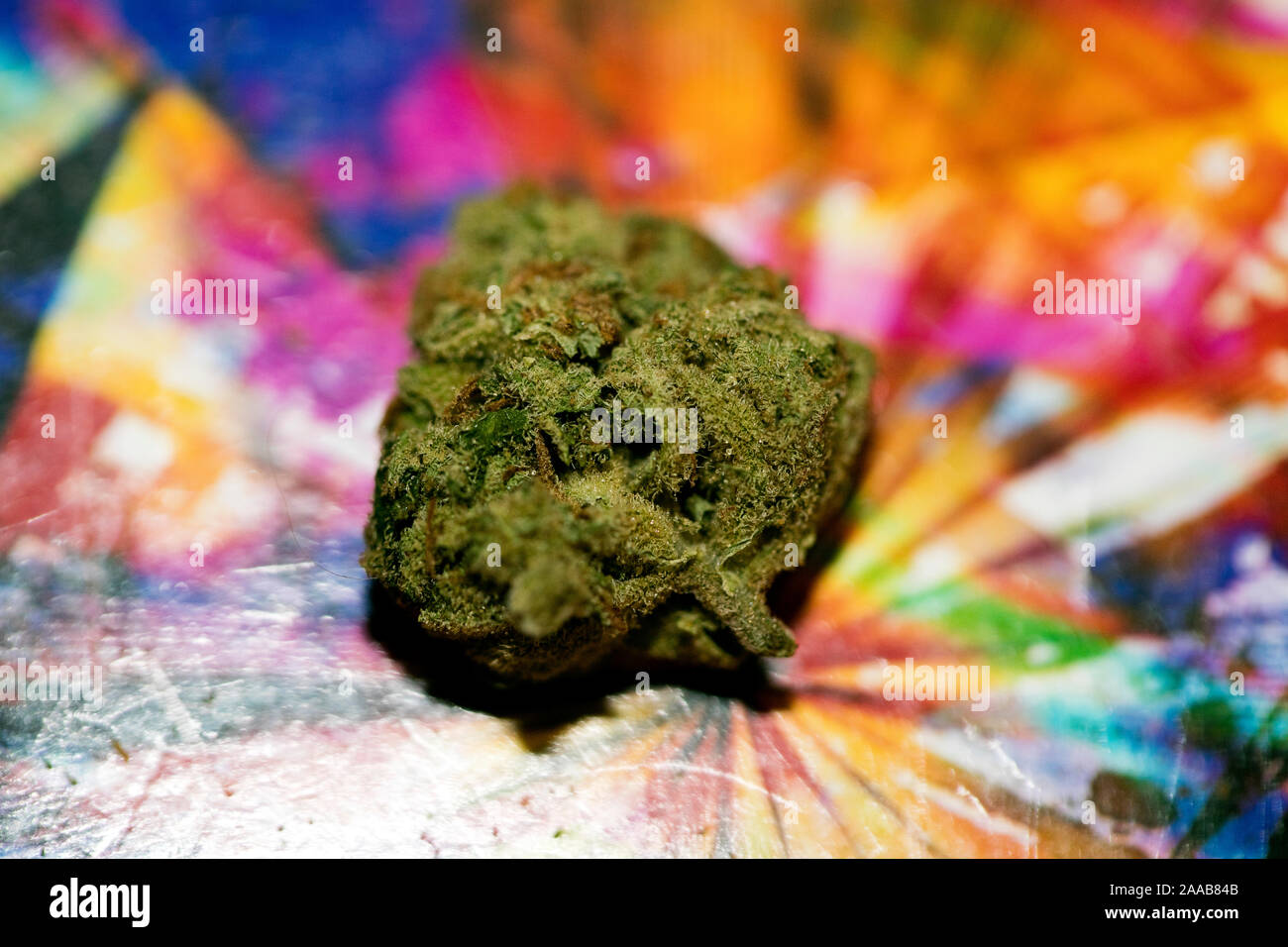 Marihuana in bunten Hintergrund design Makro super Lemon Haze 50 Megapixel Stockfoto