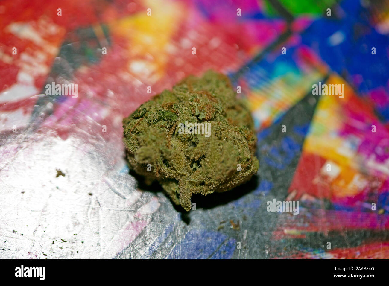 Marihuana in bunten Hintergrund design Makro super Lemon Haze 50 Megapixel Stockfoto